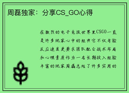 周磊独家：分享CS_GO心得