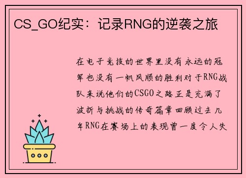 CS_GO纪实：记录RNG的逆袭之旅